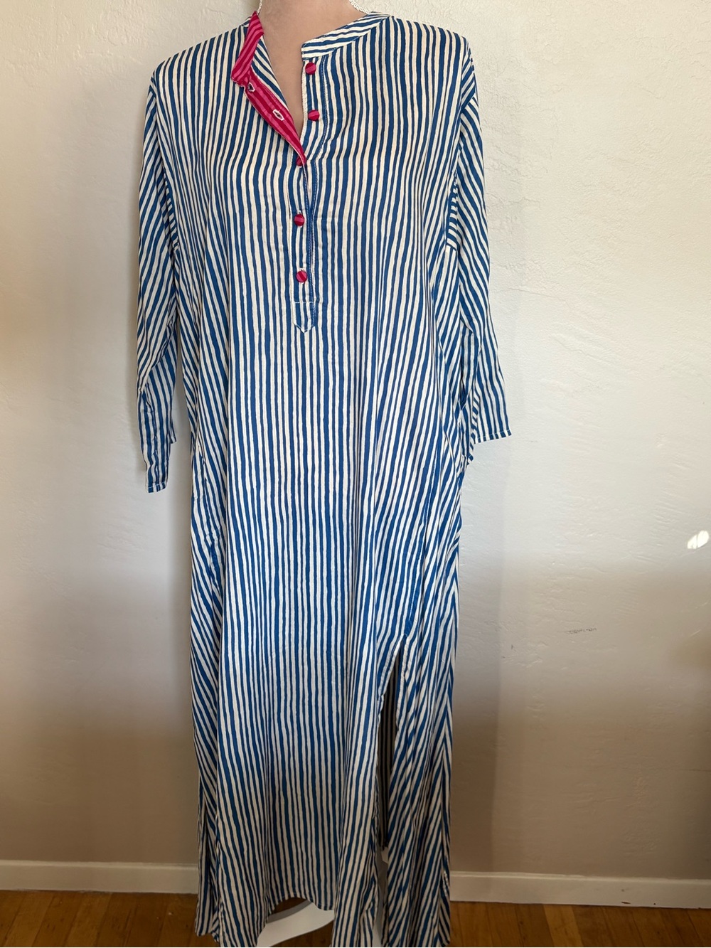 Natalie Martin Blue-and-White Striped Maxi Coverup with Pink Accents